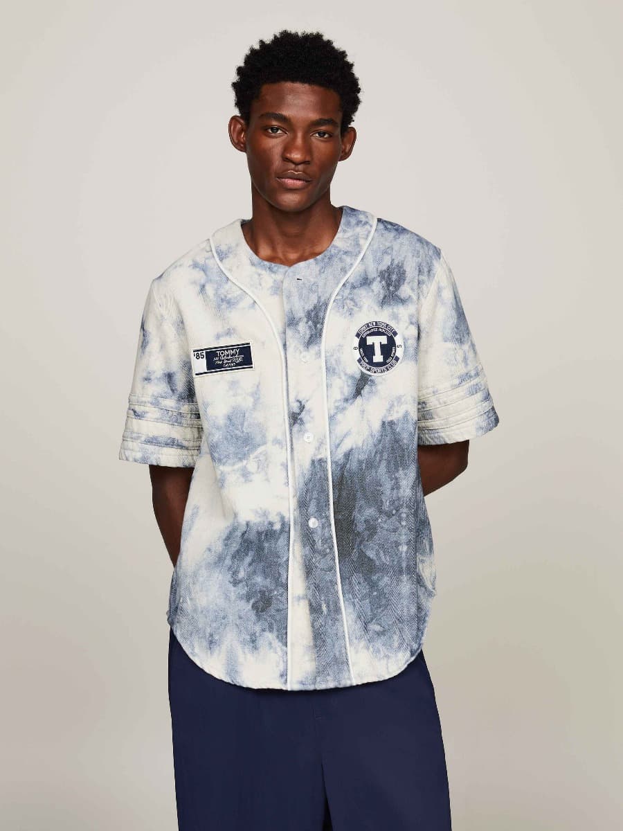 Dual Gender Varsity Tie-Dye Short Sleeve Denim Shirt