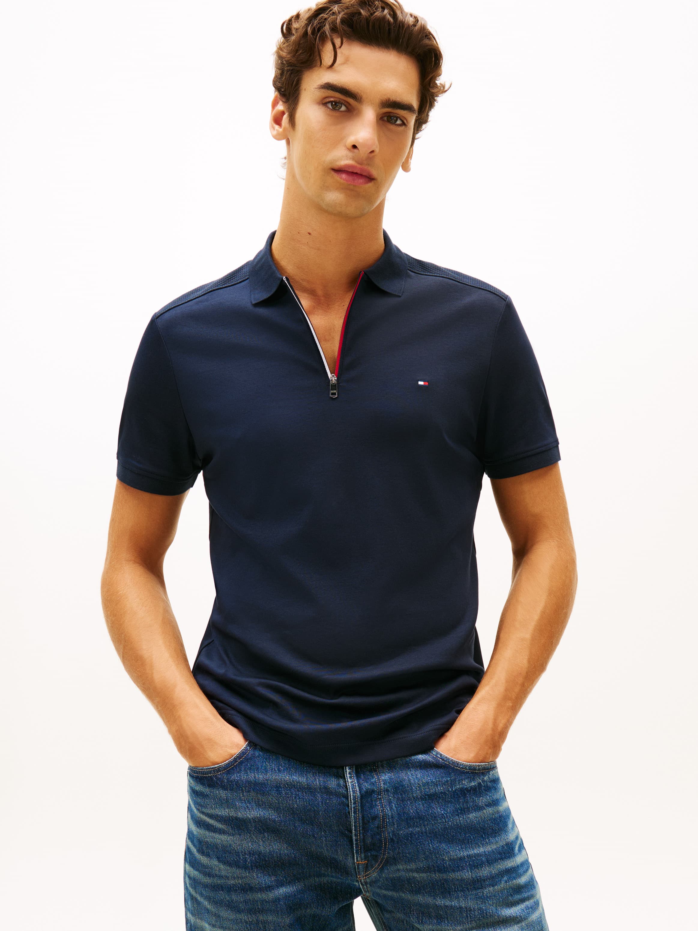 Liquid Cotton Red White and Blue Zipper Short Sleeve Polo T-Shirt